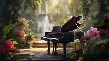 A composition featuring a grand piano in a lush garden, blending the beauty of nature with the...