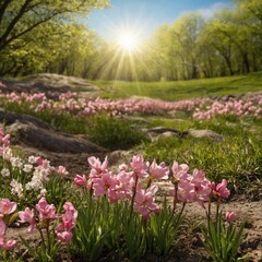 "Transform your digital space with a sunny spring landscape – an ideal background or wallpaper for your website's landing page, featuring vibrant flowers that capture the essence of the season."