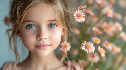 Obraz na płótnie Canvas Portrait of a cute little girl with a bouquet of flowers - Generative AI