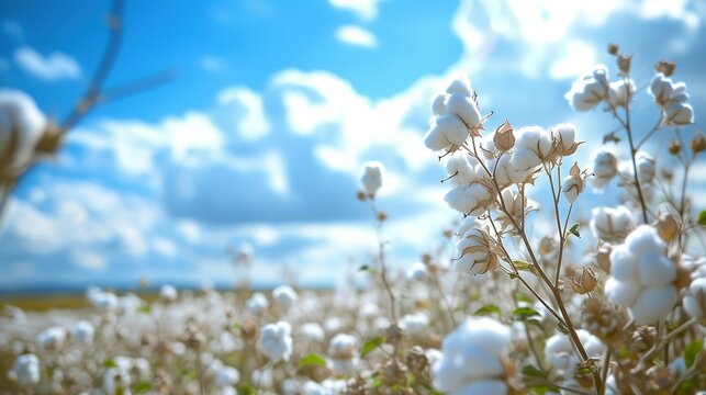 Cotton field plantation , close-up of a box of high-quality cotton against a blue sky