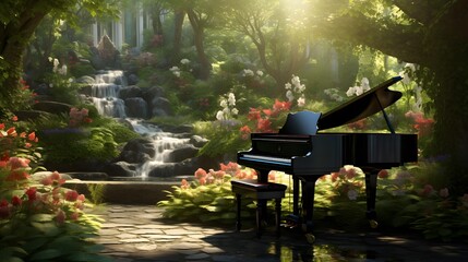 A composition featuring a grand piano in a lush garden, blending the beauty of nature with the...