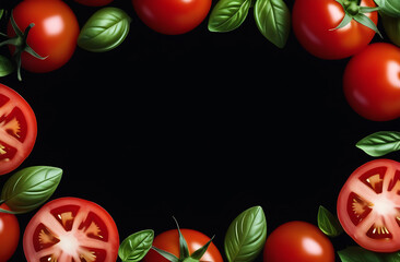 Frame made with tomato and basil with free space for text on black background ,healthy and vegetarian food