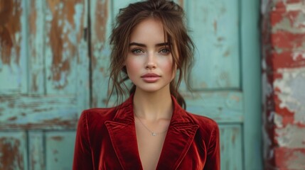 Naklejka premium Portrait of a beautiful young woman in a red jacket on a wooden background - Generative AI