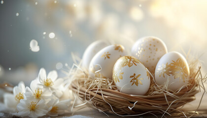 Golden easter eggs nest decoration in a basket - Seasonal celebration and traditional holiday Concept