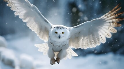 Close-up view of flying white Snow Owl in snow in wild in Winter.Close-up view of flying white Snow Owl in snow in wild in Winter.