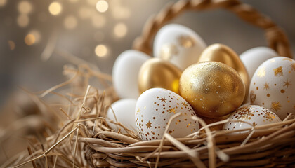 Naklejka na ściany i meble Easter concept - Golden decorated eggs in the basket