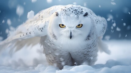 Close-up view of flying white Snow Owl in snow in wild in Winter.