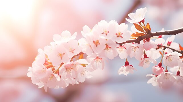 closeup of a beautiful flowering cherry tree branch on abstract blurred background in sunhine idyll.