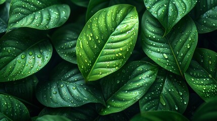 Green leaves with water drops. Nature background. Close-up. - Generative AI