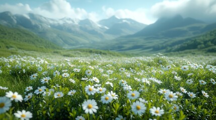Fototapeta na wymiar beautiful meadow with camomiles in the mountains. 3d rendering - Generative AI