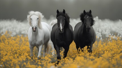 Obraz premium Black and white horses in a field of yellow flowers. Black and white photo. - Generative AI