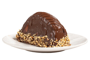 Chocolate and banana cake. Malaga cake isolated on white background. Large chocolate eclairs. Close up