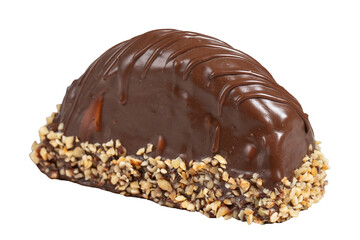 Chocolate and banana cake. Malaga cake isolated on white background. Large chocolate eclairs. Close up