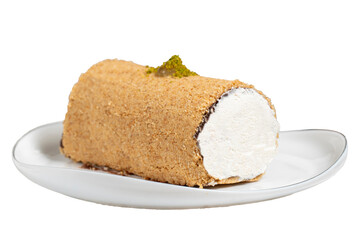Creamy roll cake. Portion cake isolated on white background.