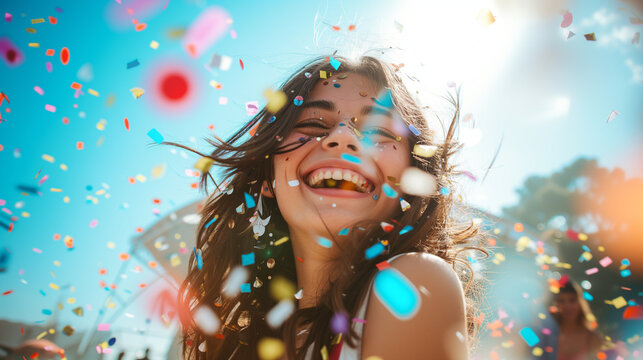 A girl with a bright and happy smile is in the middle of a summer festival, colorful confetti falling all around her, Ai generated Images