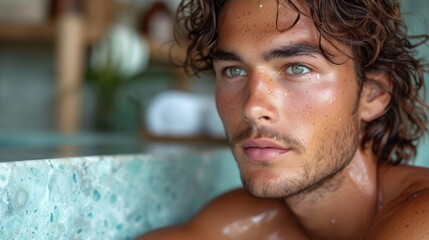 Portrait of a handsome young man with wet hair taking a bath - Generative AI