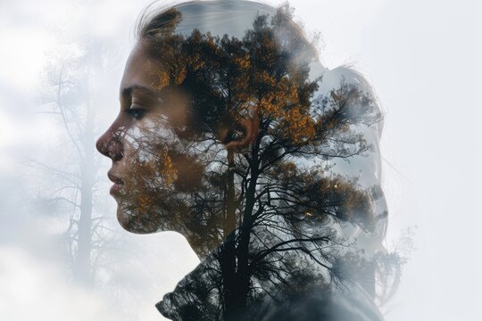 Woman portrait. Double exposure. Travel concept background 