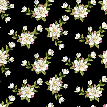 Hand drawn floral pattern blossom flowers seamless background. Ornament for clothes, textiles, interior, gift wrapping, postcards, invitations © D flora collection