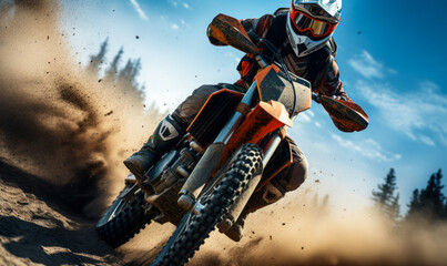 Dynamic Motocross Rider in Action on a Bright Day, Kicking up Dirt with Powerful Motorcycle on Rugged Terrain