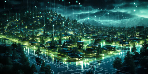 Eco-Friendly Smart City at Night with Glowing Green Energy Lines and Advanced Sustainable Technology Infrastructure