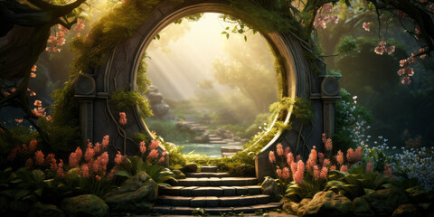 Enchanted Garden Gateway Overgrown with Lush Greenery and Flowers, Inviting to a Mystical Journey in a Sunlit Glade - obrazy, fototapety, plakaty
