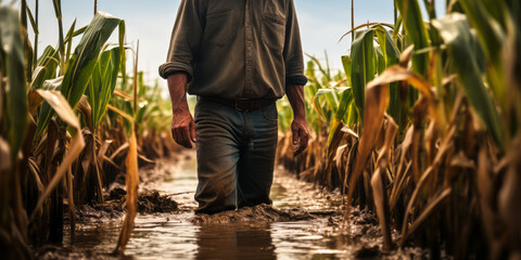 Farmer standing in a flooded cornfield, reflecting on climate change's impact on agriculture, food security, and rural economy