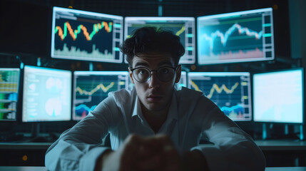 A worried young trader or analyst analyzes fluctuating stock charts and financial data on multiple computer monitors in a dark room. 