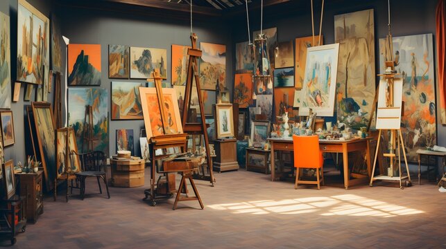 Panorama of the interior of an artist's studio with pictures on the wall.