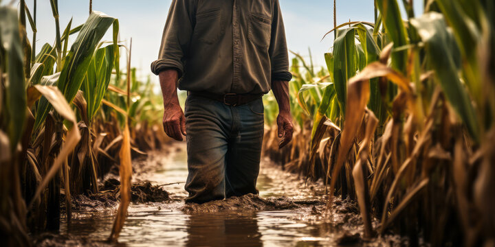 Farmer standing in a flooded cornfield, reflecting on climate change's impact on agriculture, food security, and rural economy