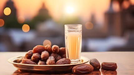Ramadhan fasting, ajwa dates in a golden container on a wooden table, milk in a glass, mosque background with dome
