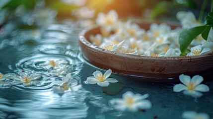 Ceramic bowl full of jasmine flowers in the water