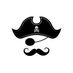 silhouette of the captain of a pirate ship in a hat with a skull and crossbones. Bearded pirate in a hat