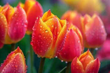 Vibrant Red and Yellow Tulips With Dew Drops on Petals