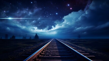 Railway Track with Milky way in night sky. - obrazy, fototapety, plakaty