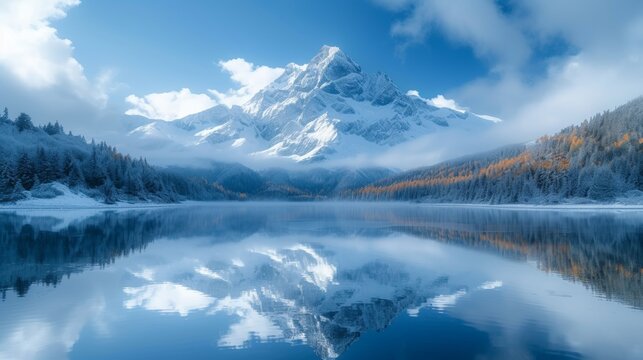 Mountain lake with reflection in the water and snow-capped peaks. - Generative AI