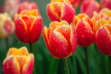 Vibrant Red and Yellow Tulips With Dew Drops on Petals