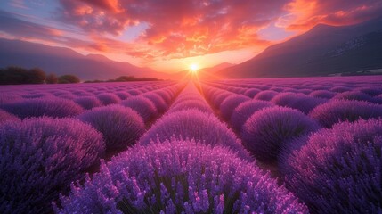 Beautiful sunset over lavender field. Nature background. 3d rendering - Generative AI