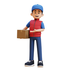 3D Delivery Man Character Presenting to the Right Pose with Parcel Box