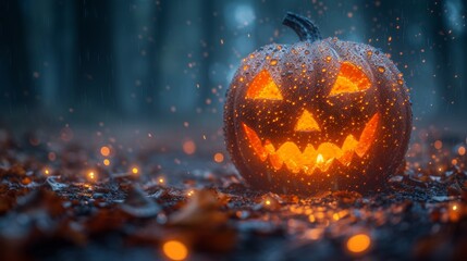 Halloween pumpkin glowing in the dark forest. 3D Rendering - Generative AI