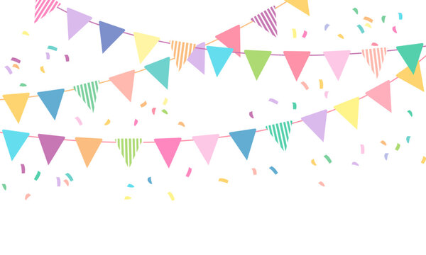 Colorful party flag and confetti illustration, Carnival card or banner with typography design, Celebrate pastel flag, Concept of birthday, holiday and decoration.
