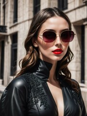 portrait of beautiful model with sunglasses and red lips