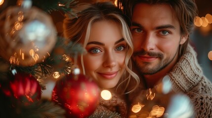 Portrait of a young couple in love on the background of a Christmas tree. - Generative AI