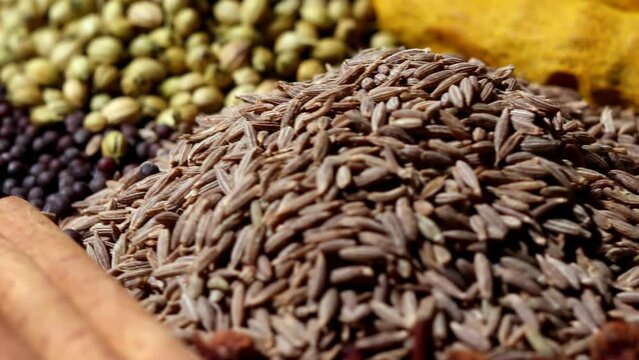 Dried spices together in plate table top spin close up.