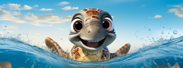 Illustration of a happy turtle smiling under the sea. Colourful cartoon coral under water in ocean. Generative Ai.