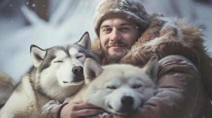 copy space, stockphoto, man cuddling huskies after a winter sleigh ride. Winter sport concept. Advertisement for winter sports. National Love Your Pet Day. Guy hugging his husky dogs. Peaceful scene.  - obrazy, fototapety, plakaty
