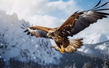 realistic photo Bird flying predatory golden eagle with large wingspan, photo with snowflakes...
