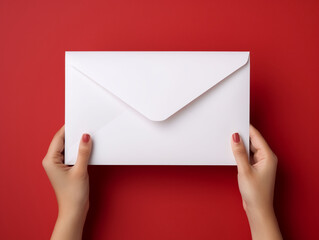 Close-up of female hands holding a white envelope, ready to send, against a vivid red backdrop copy space empty banner. 