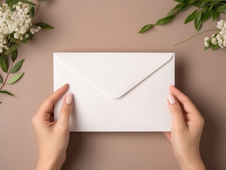Obraz premium Women's hands holding an envelope with greeting, notice, message mockup free space template on a neutral background decorated with flowers. 