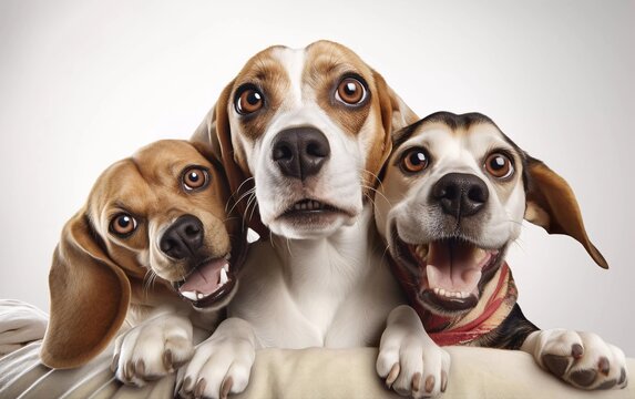 realistic photo of cute beagle dog looking at camera while taking selfie with another beagle dog and a pug in studio photo. generative ai