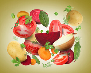 Different fresh vegetables and spices in air on olive color background